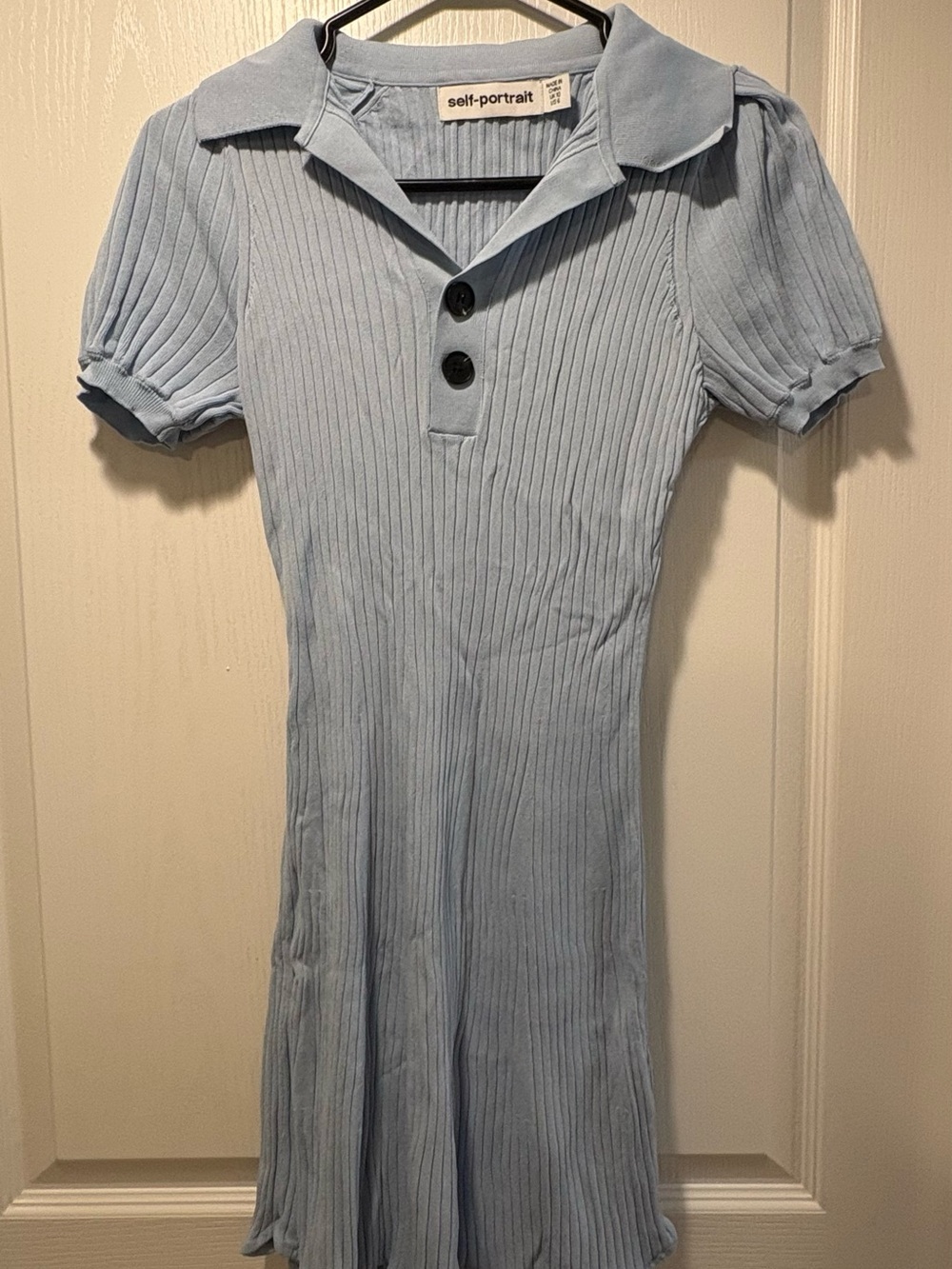 Self-Portrait Pale Blue Ribbed Polo Knit Dress